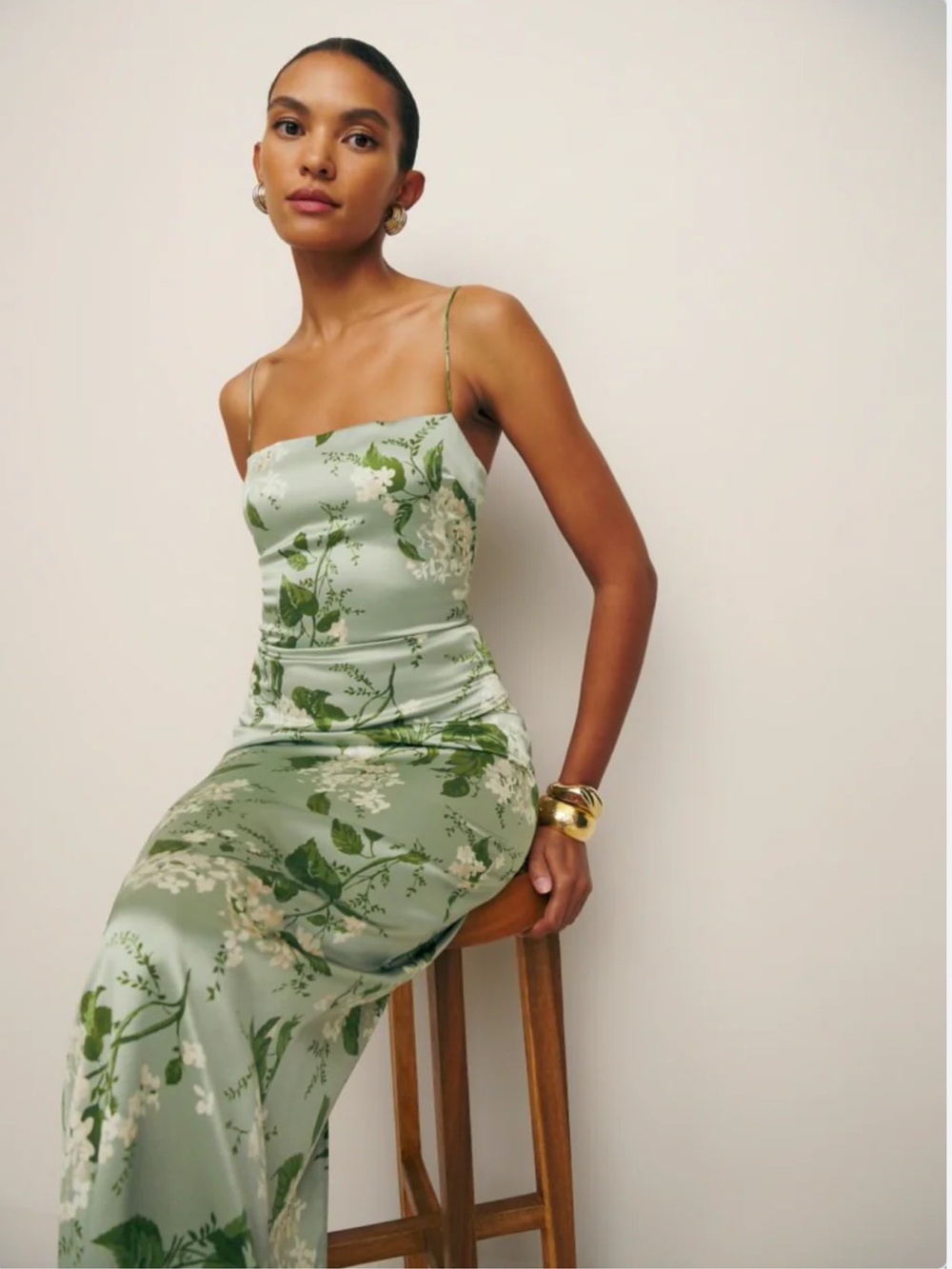 Reformation Sage Green Floral Satin Slip Maxi Dress